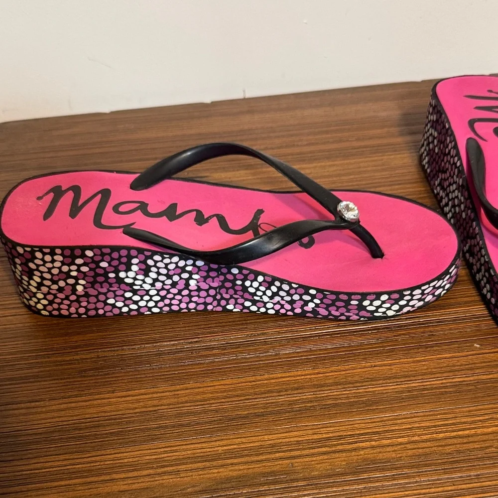 Mambo Pink Platform Flip Flop Sandals with Rhinestone Accent - Picture 4 of 10